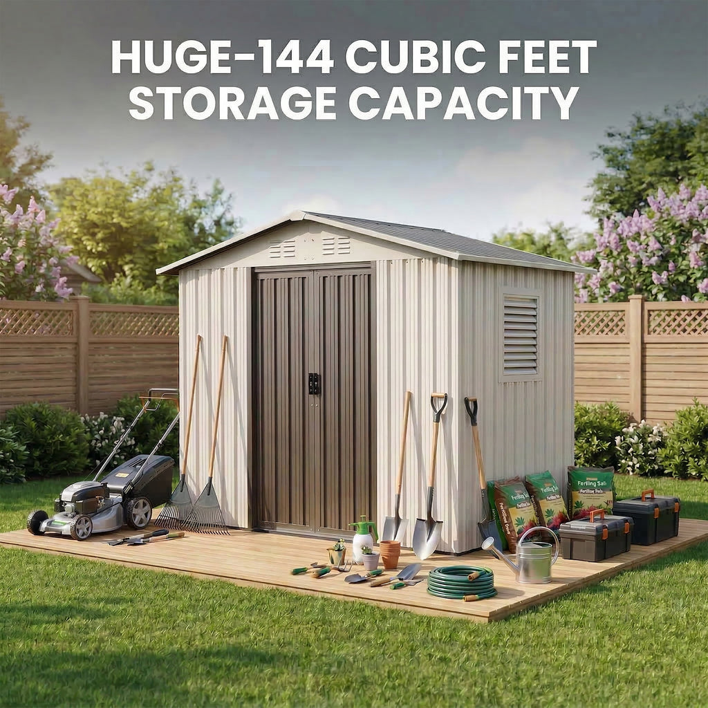6x4 Outdoor Steel Storage Sheds, Metal Tool Outdoor Shed,With Windows& Air Vent&Gloves,for Backyard,Garden,Lawn,Creamy white