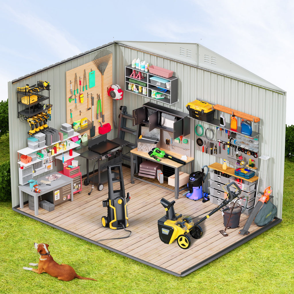 6x8 Outdoor Steel Storage Sheds, Metal Tool Outdoor Shed with Windows& Air Vent&Gloves,for Backyard,Garden,Lawn,Creamy White