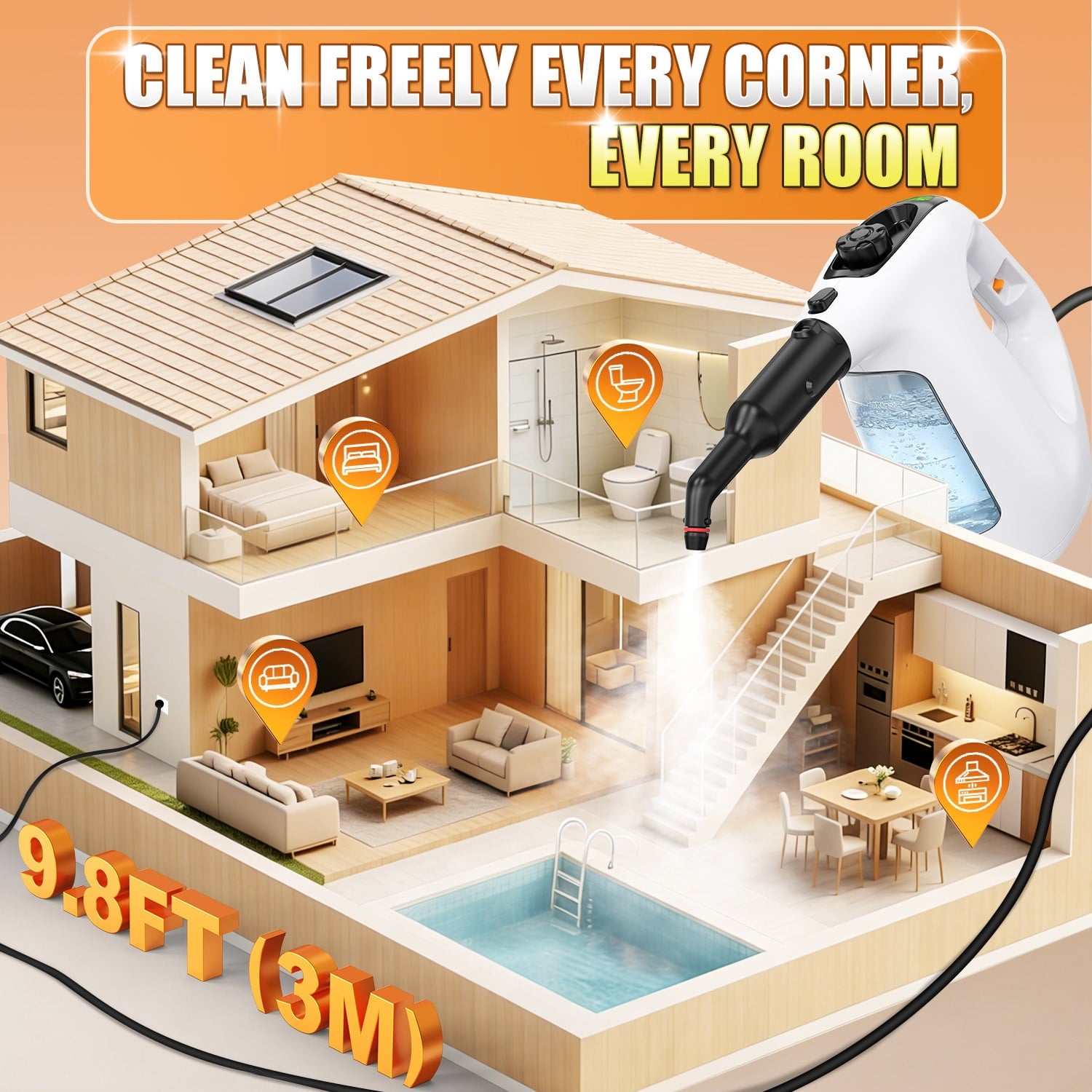 EXLUVON Handheld Steam Cleaner, 1500W Pressurized 10s Instant Heat Steam Cleaner for Home, Upgrade 15fl oz Tank, Lightweight Portable Steamer for Cleaning Kitchen, Grout, Furniture, Couch Car and Bat