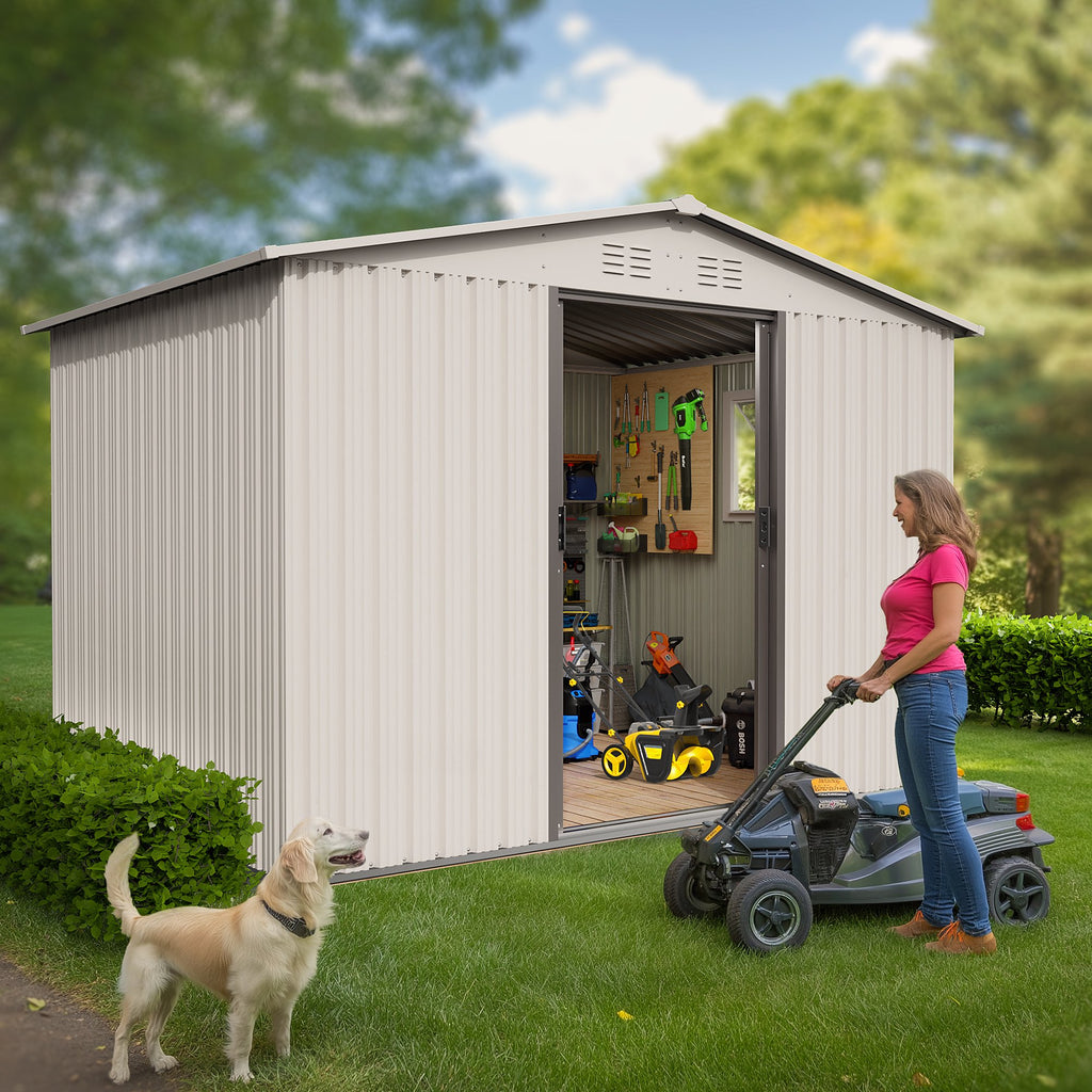 6x8 Outdoor Steel Storage Sheds, Metal Tool Outdoor Shed with Windows& Air Vent&Gloves,for Backyard,Garden,Lawn,Creamy White