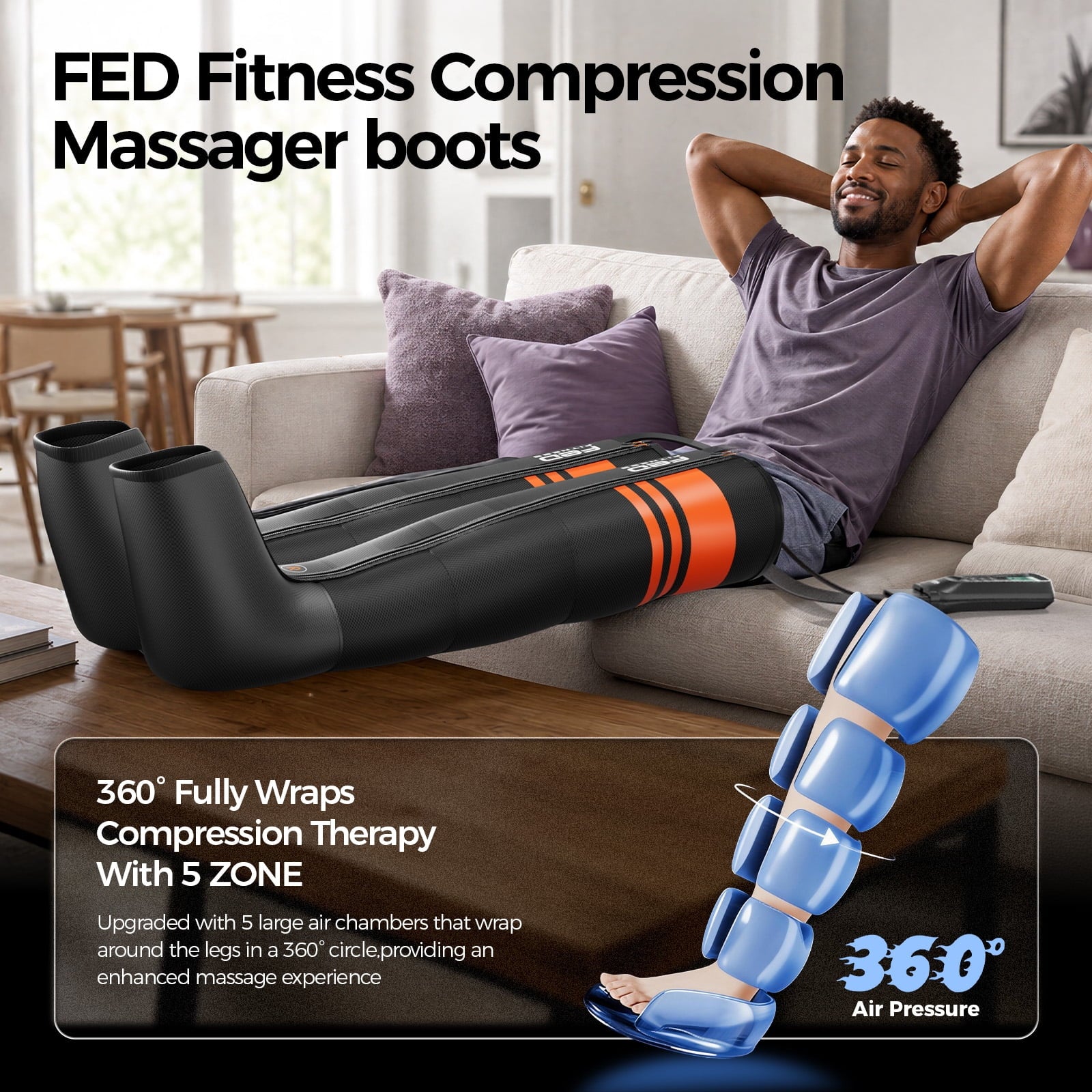 FED Fitness Compression Boots, 6 Modes & 13 Levels , 3 Timing&Heat, 5 Airbags 360° Coverage, Adjustable with Washable Liner for Leg Massage, L Size