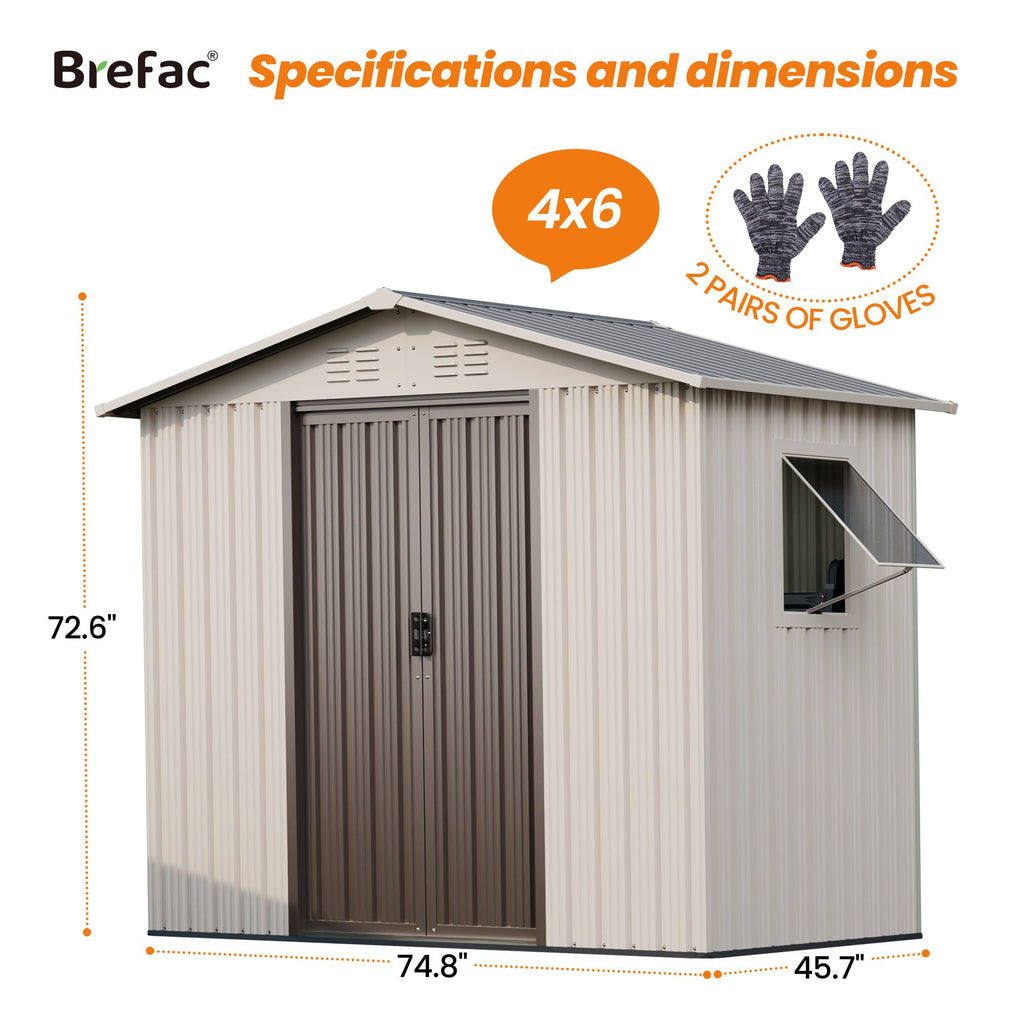 6x4 Outdoor Steel Storage Sheds, Metal Tool Outdoor Shed,With Windows& Air Vent&Gloves,for Backyard,Garden,Lawn,Creamy white