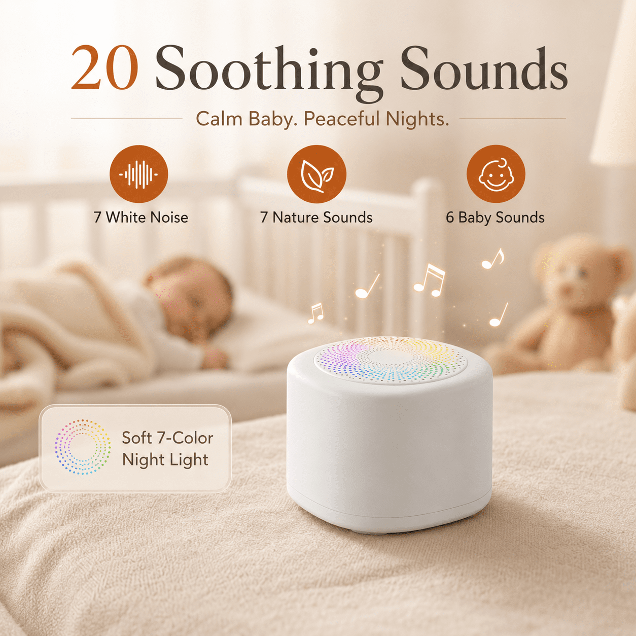 Mini Sound Machine, Portable White Noise Sound Machine for Sleep, White Noise for Baby & Adult with 20 Soothing Sounds, 7 Color Night Light, 4 Timers Memory Function for Travel Camping Home Office