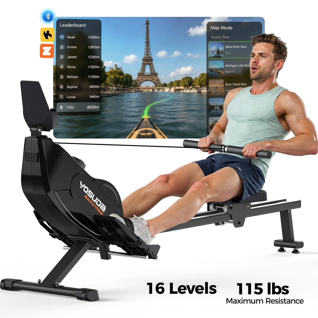 YOSUDA Magnetic Rowing Machine 350lbs Weight Capacity, Foldable Rower for Home Use with 16-Level Max 115lbs Adjustable Resistance and Bluetooth, Tablet Holder