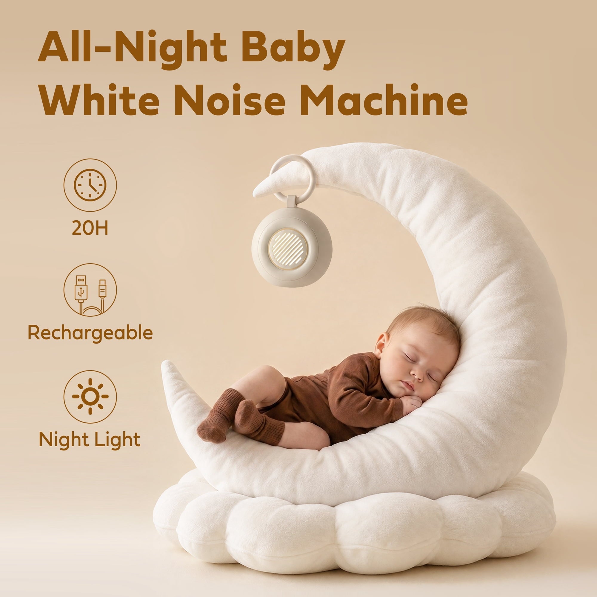 White Noise Machine for Baby Adult Sleep, Portable Sound Machine with Cry Detection, 15 Soothing Sounds, 20H, Night Light & Timer– Baby Essentials for Nursery Home Travel