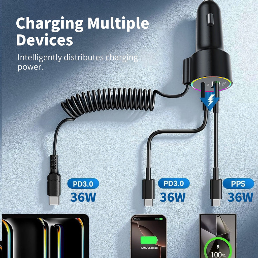 72W USB C Car Charger, 3-Port Fast Charger Adapter with Dual 36W PD & QC3.0, Multi-Protection Compact Car Charger for iPhone Samsung Google Pixel iPad Switch - 12V/24V Vehicles