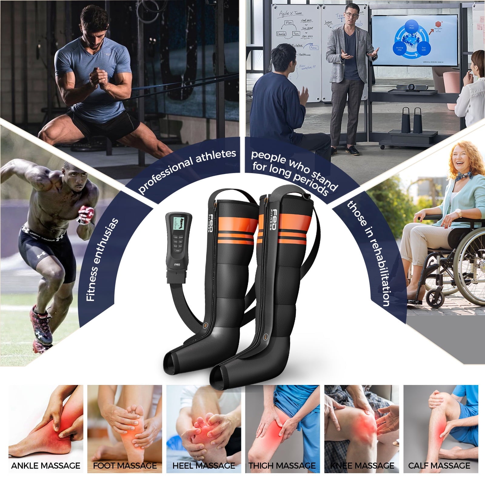 FED Fitness Compression Boots, 6 Modes & 13 Levels , 3 Timing&Heat, 5 Airbags 360° Coverage, Adjustable with Washable Liner for Leg Massage, L Size