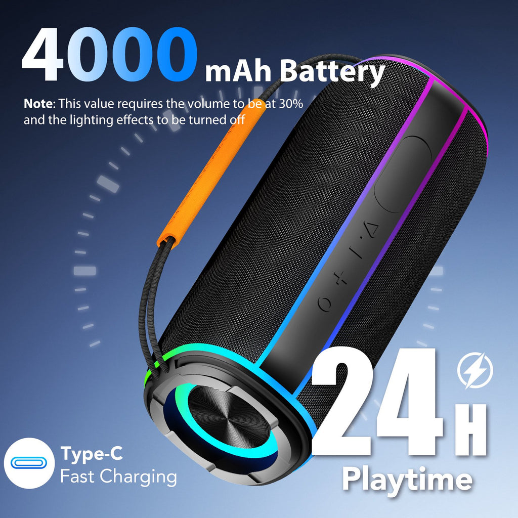 Portable Bluetooth Speaker, 30W Deep Bass Wireless Speaker with 55mm Driver, Bluetooth 5.4, IPX7 Waterproof, 4000mAh Battery, 24H Playtime, TWS Pairing, 11 RGB Light Modes for Outdoor Beach Camping S