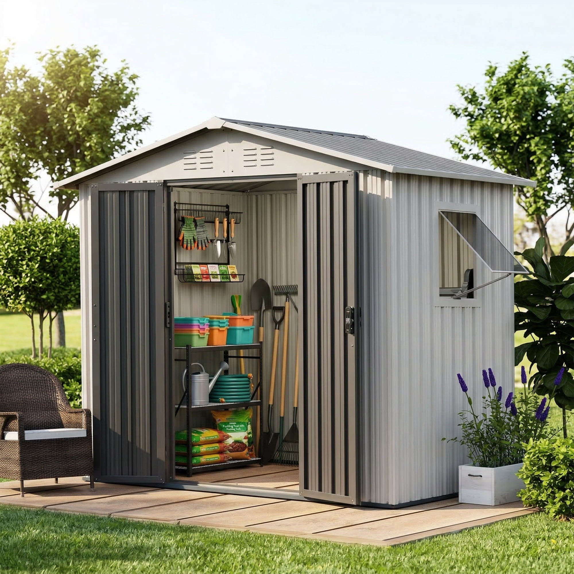 6x4 Outdoor Steel Storage Sheds, Metal Tool Outdoor Shed,With Windows& Air Vent&Gloves,for Backyard,Garden,Lawn,Creamy white